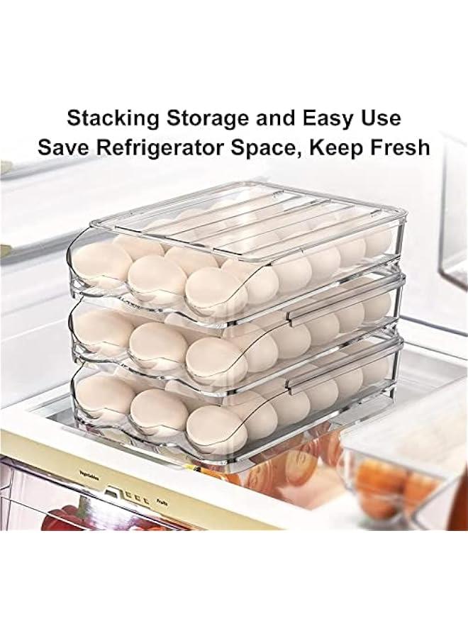 Refrigerator Rolling Egg Holder | Large Capacity Egg Dispenser | Reusable Clear Egg Tray Box With Lid | Egg Storage Container Organizer Bin | Space Saving Egg Tray For Refrigerator Countertop Cabine