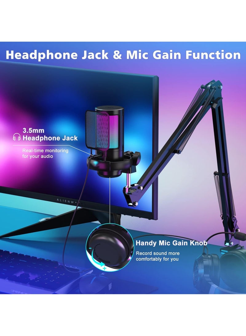 Gaming Mic for PC/PS5 with Extendable Arm Gaming Microphone with Quick Mute & Volume Control, Podcast Microphone Gaming for Streaming Twitch/Discord, Condenser Microphone with Pop Filter - Black