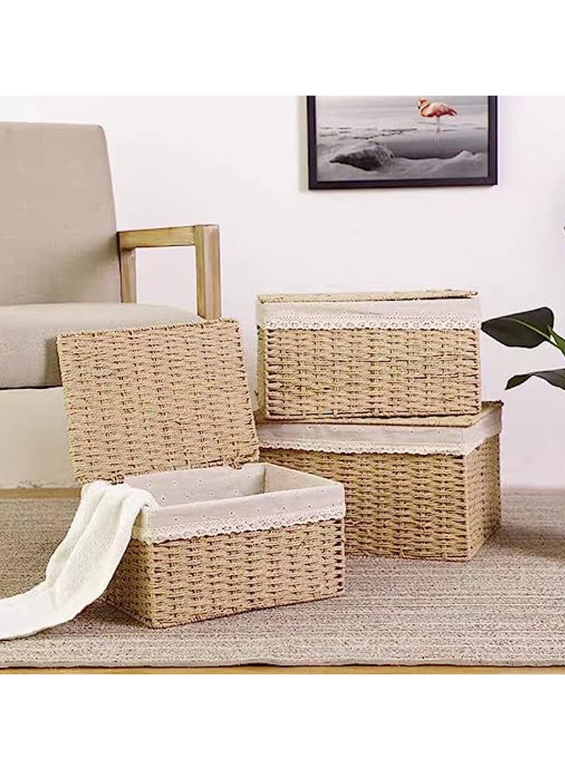 Rattan Wicker Storage Boxes with Lid Hand Woven Storage Boxes 3 Pieces Set Nesting Rattan Storage Boxes Woven Baskets For Shelf