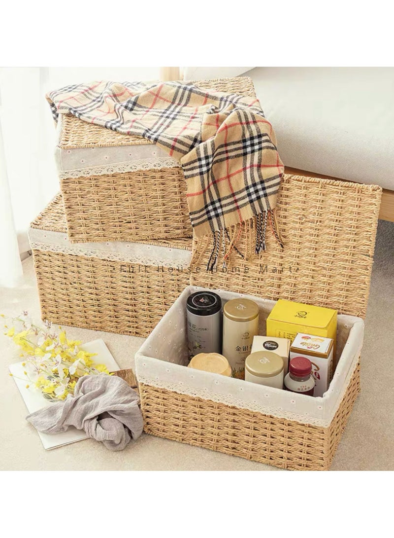 Rattan Wicker Storage Boxes with Lid Hand Woven Storage Boxes 3 Pieces Set Nesting Rattan Storage Boxes Woven Baskets For Shelf