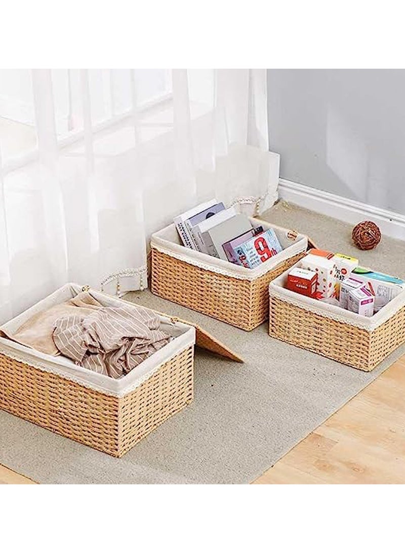 Rattan Wicker Storage Boxes with Lid Hand Woven Storage Boxes 3 Pieces Set Nesting Rattan Storage Boxes Woven Baskets For Shelf