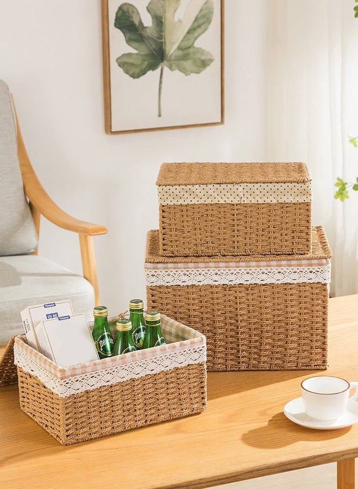 Rattan Wicker Storage Boxes with Lid Hand Woven Storage Boxes 3 Pieces Set Nesting Rattan Storage Boxes Woven Baskets For Shelf