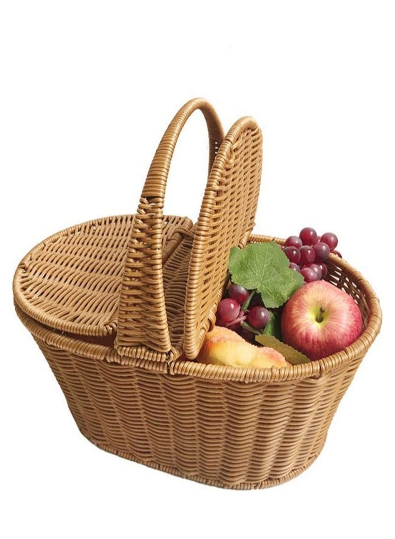 Handmade Wicker Picnic Basket with Handle Oval Double Lidded Rattan Picnic Hamper for Camping Outdoor Picnics and Home Decor Durable Woven Storage Basket