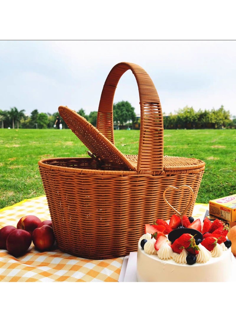 Handmade Wicker Picnic Basket with Handle Oval Double Lidded Rattan Picnic Hamper for Camping Outdoor Picnics and Home Decor Durable Woven Storage Basket