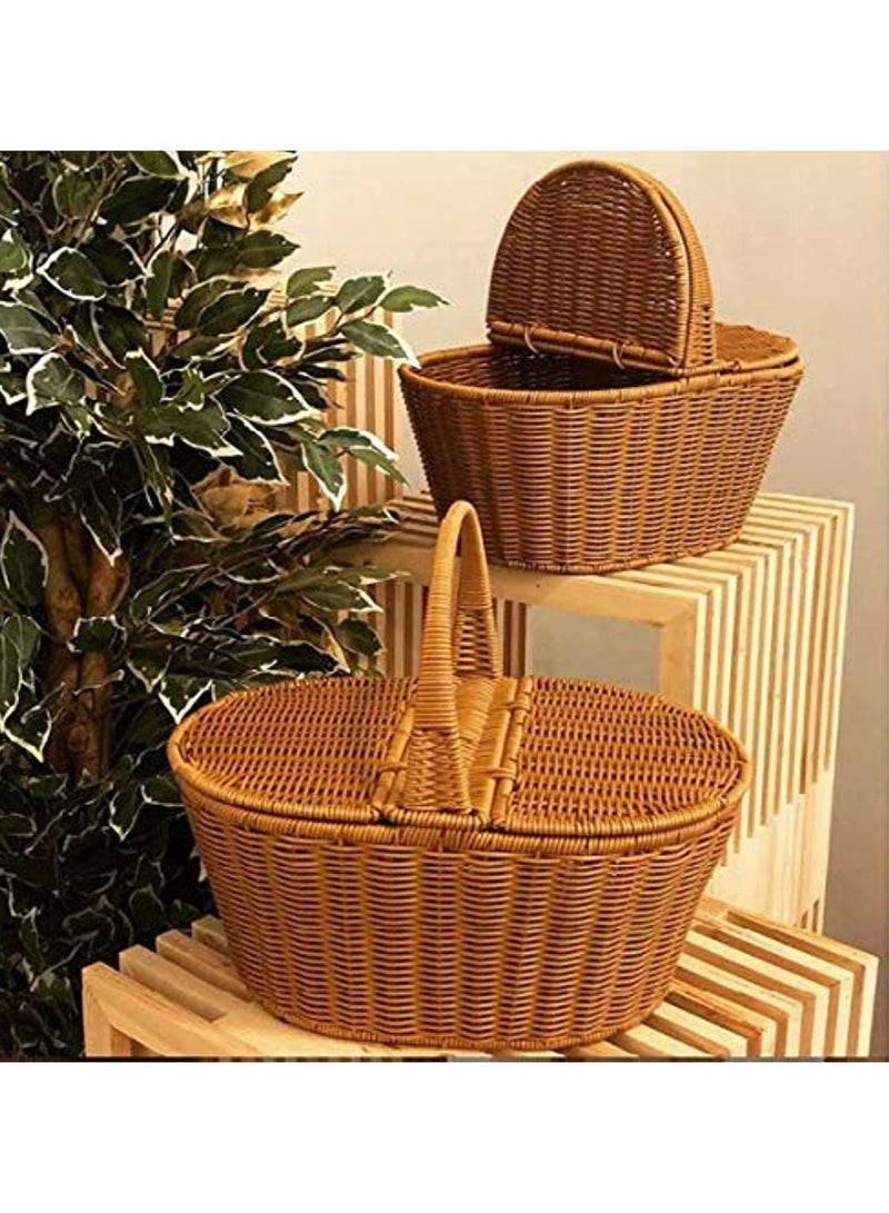 Handmade Wicker Picnic Basket with Handle Oval Double Lidded Rattan Picnic Hamper for Camping Outdoor Picnics and Home Decor Durable Woven Storage Basket