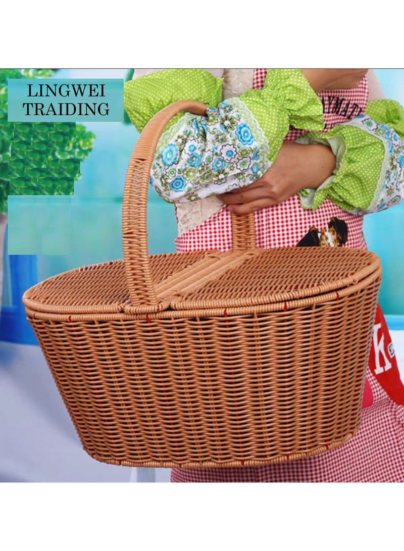 Handmade Wicker Picnic Basket with Handle Oval Double Lidded Rattan Picnic Hamper for Camping Outdoor Picnics and Home Decor Durable Woven Storage Basket