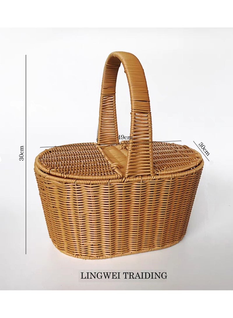 Handmade Wicker Picnic Basket with Handle Oval Double Lidded Rattan Picnic Hamper for Camping Outdoor Picnics and Home Decor Durable Woven Storage Basket