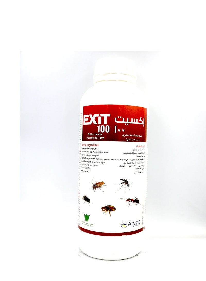 EXIT 100 EW Public Health Insecticide 1Ltr is a Professional Grade Insecticide Designed for Public Health use to Control a Wide Range of Pests Including Mosquitoes Cockroaches Flies Mites Ant and Fleas.