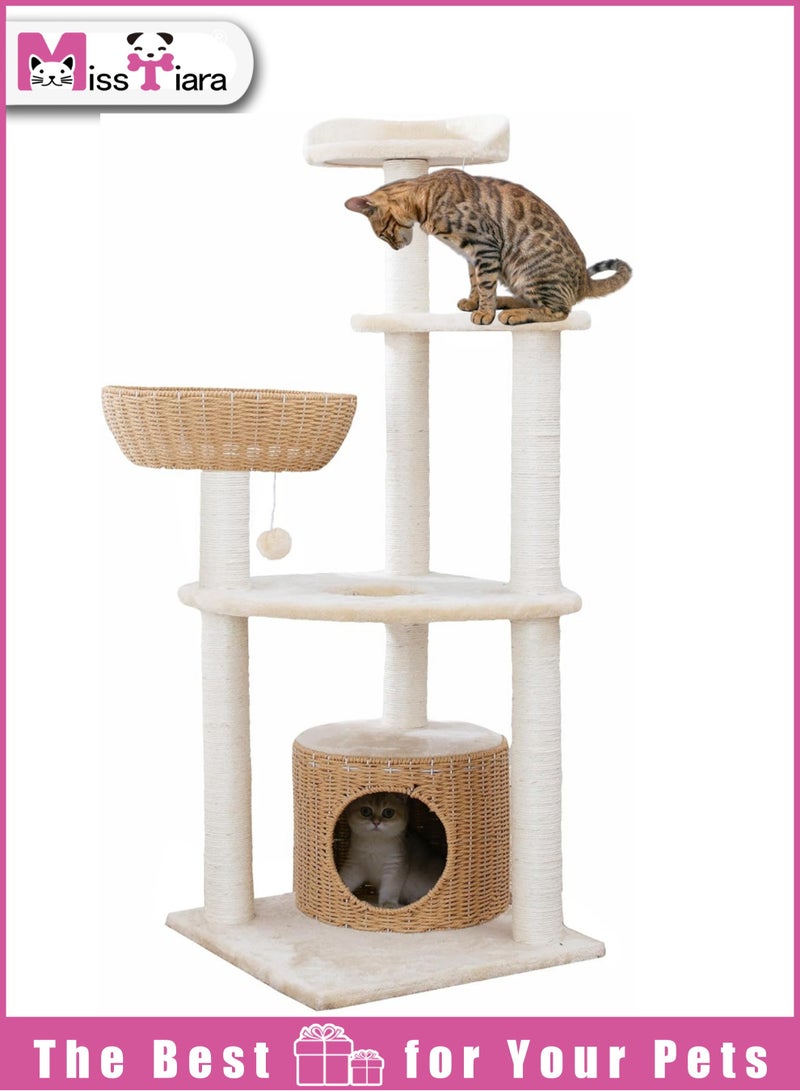 Cat Tree Tower,Cat Condo,Cat Scratching Post,130cm cat tree tall Good quality Cat furniture for indoor cats, Luxury Handmade Weaving Nest Cat Condo Kitty Activity Center,Cat Climbing Toy