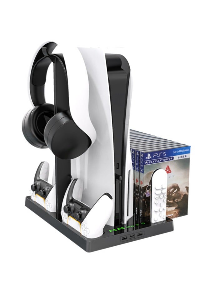 PS5 Vertical Stand with Cooling Fan and Dual Controller Charger Station, Playstation 5 Console Accessories with Headphone Hook and 14 Game Rack Storage, Media Organizer