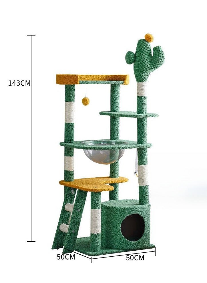 Cat Tree Tower, Cat Condo, Cat Scratching Post ,143cm Cat Tower With Ladder Multi-level Cactus Large Cat Tower for Indoor Cats ,Cat Condo for Large Cats with Space Capsule Nest Sisal Covered Scratching Post Green