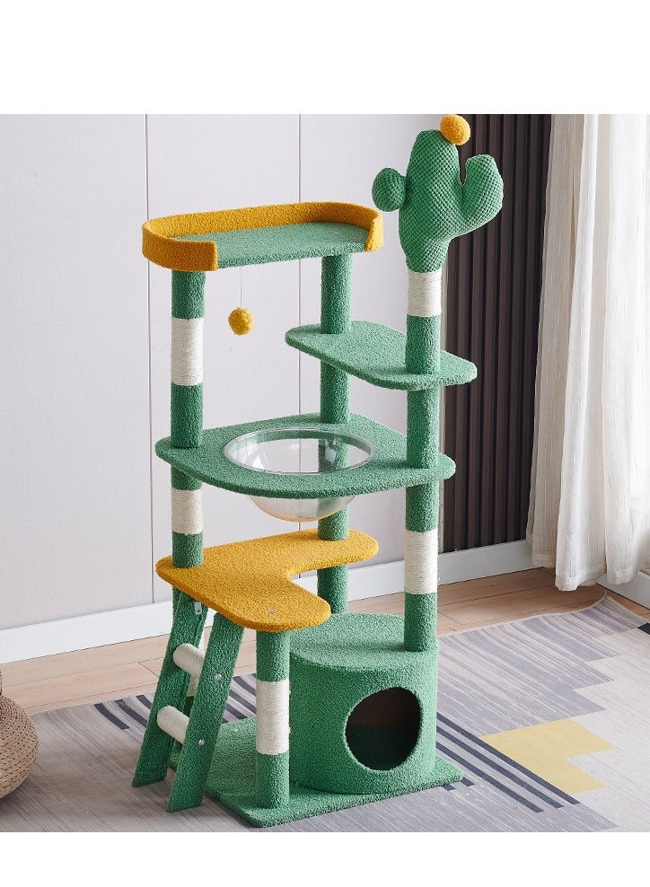 Cat Tree Tower, Cat Condo, Cat Scratching Post ,143cm Cat Tower With Ladder Multi-level Cactus Large Cat Tower for Indoor Cats ,Cat Condo for Large Cats with Space Capsule Nest Sisal Covered Scratching Post Green