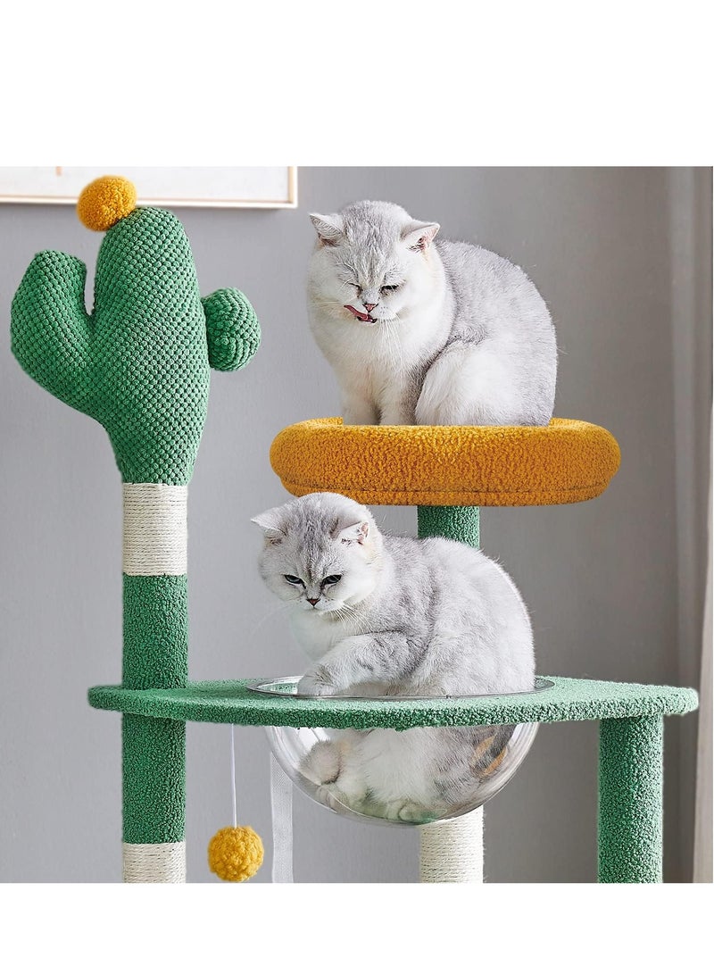 Cat Tree Tower, Cat Condo, Cat Scratching Post ,143cm Cat Tower With Ladder Multi-level Cactus Large Cat Tower for Indoor Cats ,Cat Condo for Large Cats with Space Capsule Nest Sisal Covered Scratching Post Green