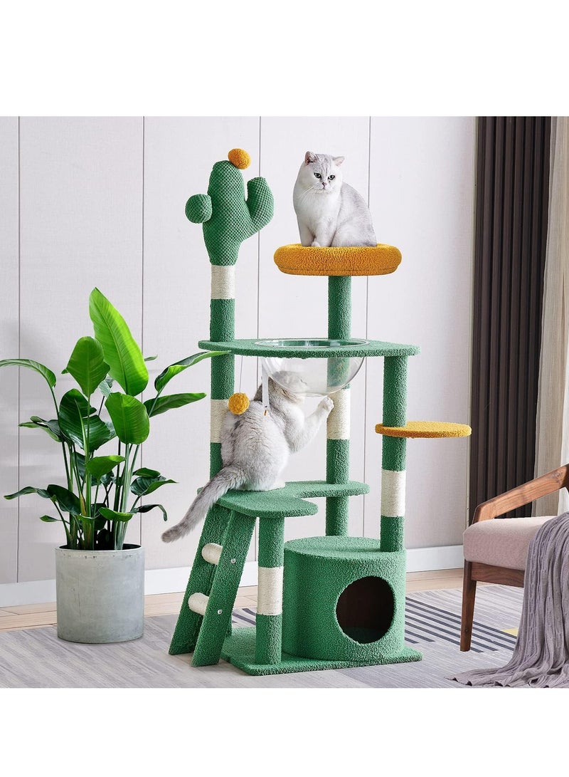 Cat Tree Tower, Cat Condo, Cat Scratching Post ,143cm Cat Tower With Ladder Multi-level Cactus Large Cat Tower for Indoor Cats ,Cat Condo for Large Cats with Space Capsule Nest Sisal Covered Scratching Post Green