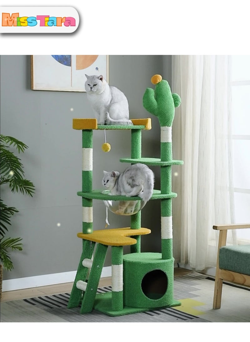 Cat Tree Tower, Cat Condo, Cat Scratching Post ,143cm Cat Tower With Ladder Multi-level Cactus Large Cat Tower for Indoor Cats ,Cat Condo for Large Cats with Space Capsule Nest Sisal Covered Scratching Post Green