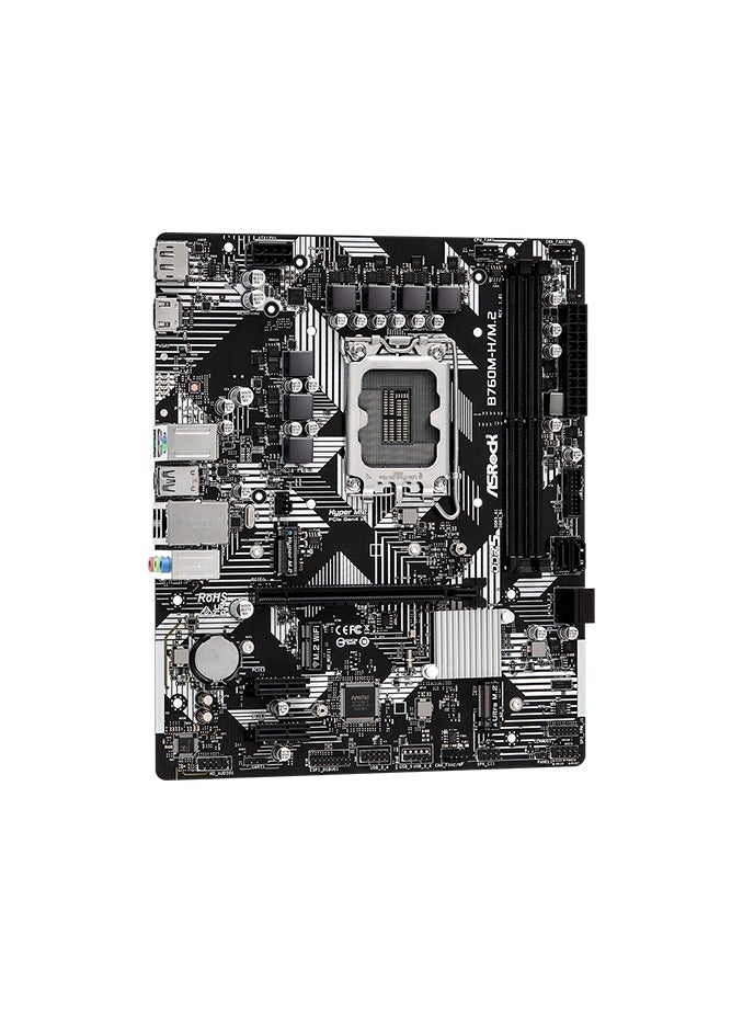 ASROCK B760M-H/M.2 DDR5 mATX motherboard, ASRock Intel 4-Layer Memory POOL (Planes on Outer Layers) Technology, CPU slot LGA 1700, 5 +1+1 Power Phase, 2X DDR5 slots, 3X PCIe slots, HDMI and Display port for graphics, 11X USB, 4X SATA III,  2X M.2, Realtek LAN, Chipset intel B760