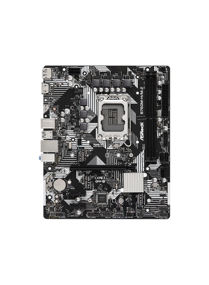 ASROCK B760M-H/M.2 DDR5 mATX motherboard, ASRock Intel 4-Layer Memory POOL (Planes on Outer Layers) Technology, CPU slot LGA 1700, 5 +1+1 Power Phase, 2X DDR5 slots, 3X PCIe slots, HDMI and Display port for graphics, 11X USB, 4X SATA III,  2X M.2, Realtek LAN, Chipset intel B760