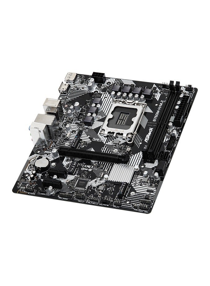 ASROCK B760M-H/M.2 DDR5 mATX motherboard, ASRock Intel 4-Layer Memory POOL (Planes on Outer Layers) Technology, CPU slot LGA 1700, 5 +1+1 Power Phase, 2X DDR5 slots, 3X PCIe slots, HDMI and Display port for graphics, 11X USB, 4X SATA III,  2X M.2, Realtek LAN, Chipset intel B760