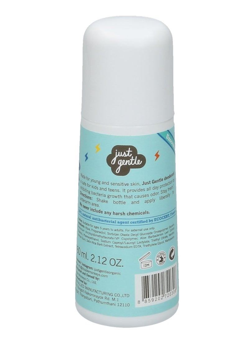 Just Gentle Organic Kids Deodorant Unscented Cool - Aluminum-Free, Natural Odor Protection, Cooling Sensation, Gentle on Sensitive Skin, 60ml