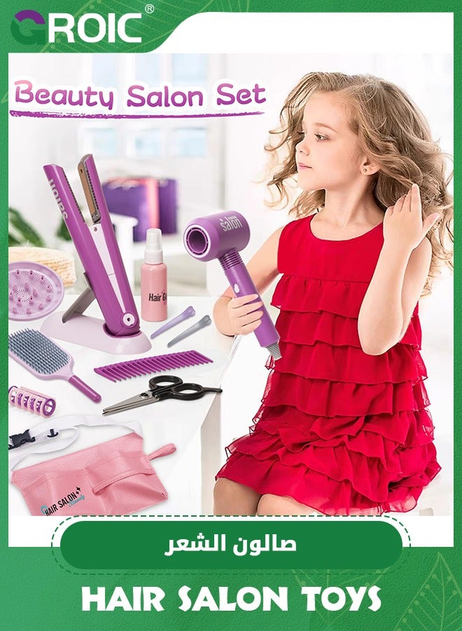 13 PCS Girls Beauty Hair Salon Toy Kit with Hairdryer, Straightener & Styling Accessories, Fashion Pretend Play Doll Stylist Set for Kids,Barber Playset Pretend Play Make Up and Styling Toy Set