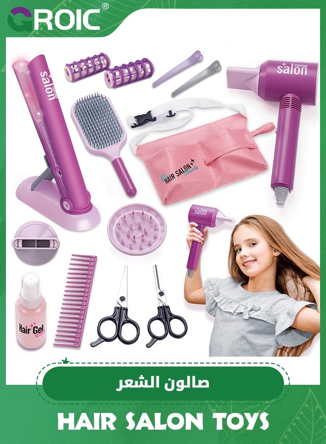 13 PCS Girls Beauty Hair Salon Toy Kit with Hairdryer, Straightener & Styling Accessories, Fashion Pretend Play Doll Stylist Set for Kids,Barber Playset Pretend Play Make Up and Styling Toy Set