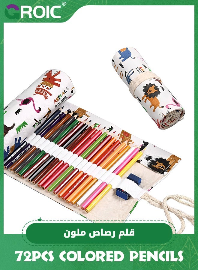 72 Slots Pencil Wrap Pencil Rolls with 72 Colored Pencil, Artist Colored Pencils Roll Up Bag Short Brushes Pouch Case Pencils Organizer for Drawing Coloring and Sketching