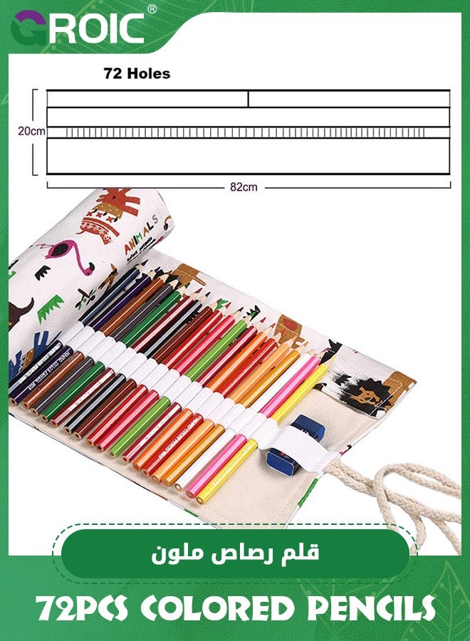 72 Slots Pencil Wrap Pencil Rolls with 72 Colored Pencil, Artist Colored Pencils Roll Up Bag Short Brushes Pouch Case Pencils Organizer for Drawing Coloring and Sketching