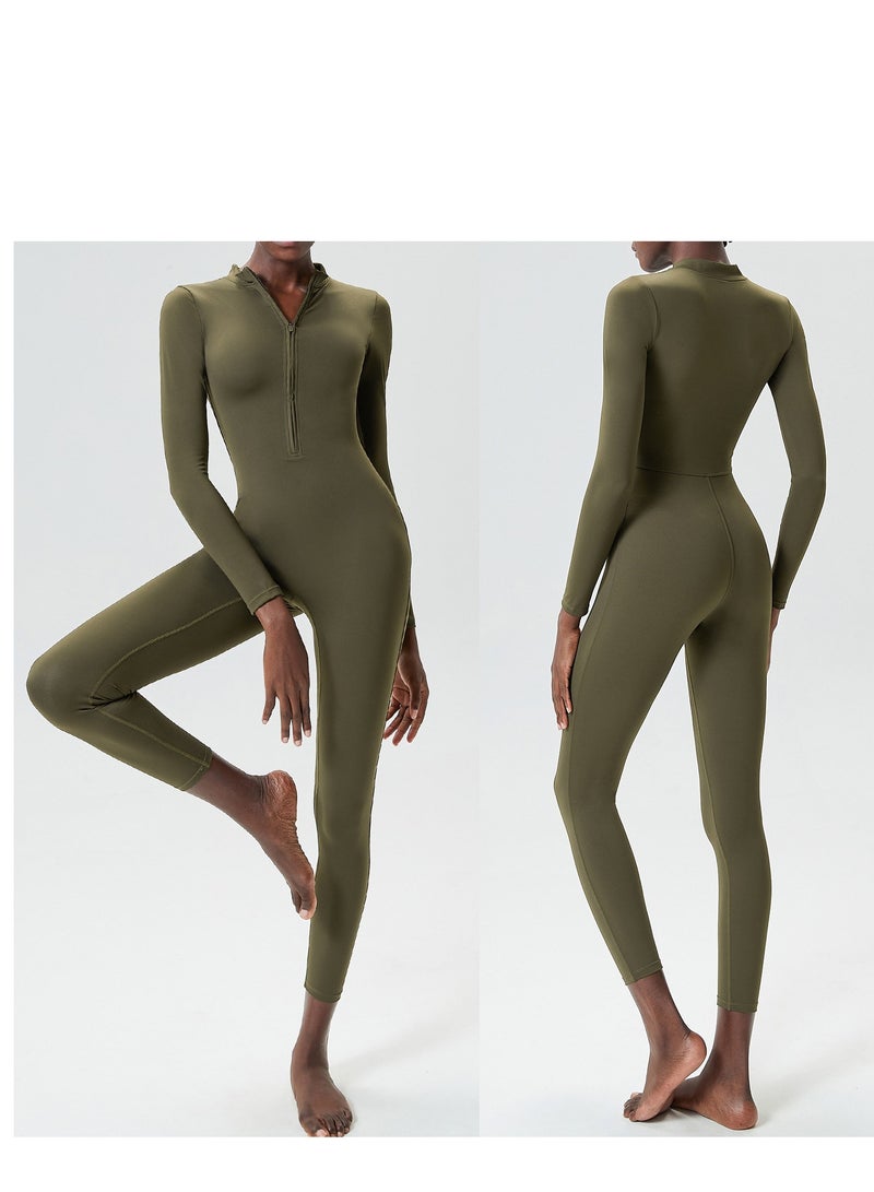 Women's Zipper Tight Fitness Sticky Elastic jumpsuit Quick drying Long Sleeve Open Collar Yoga Dress