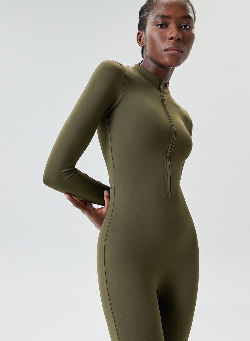 Women's Zipper Tight Fitness Sticky Elastic jumpsuit Quick drying Long Sleeve Open Collar Yoga Dress