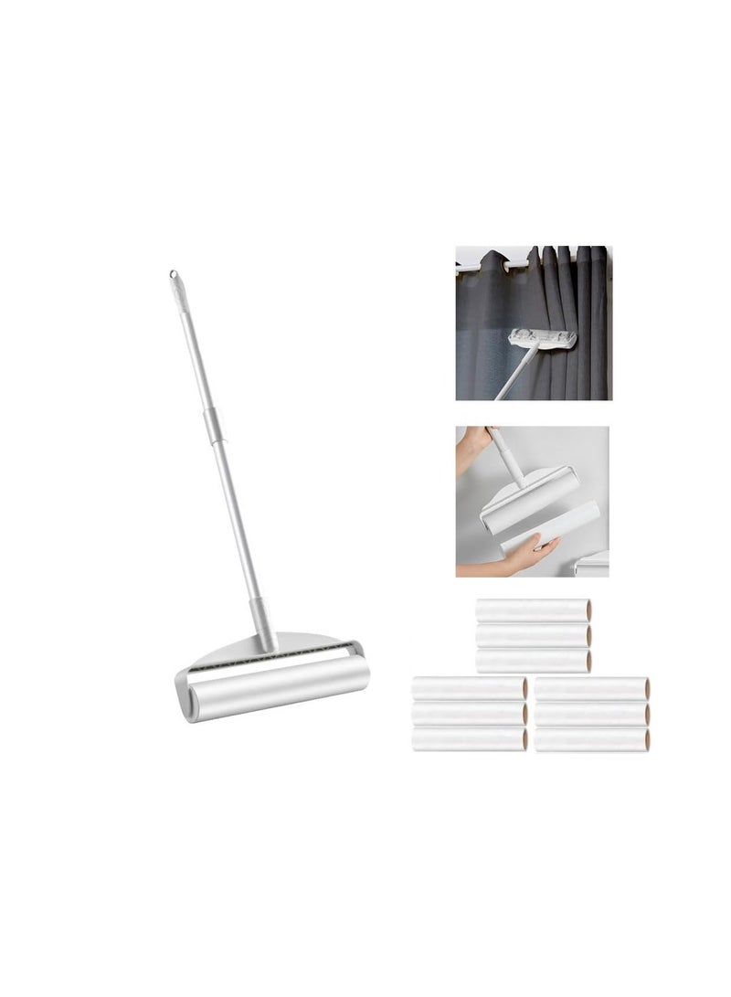 Lint Remover Reusable Lint Roller with 9 Refiils & Long Handle 50~90CM Adjustable Pet Hair Remover Sticky Dust Broom with Retractable Handle for Floor Carpet Bed Curtain Sofa Home Office Cleaning Tool