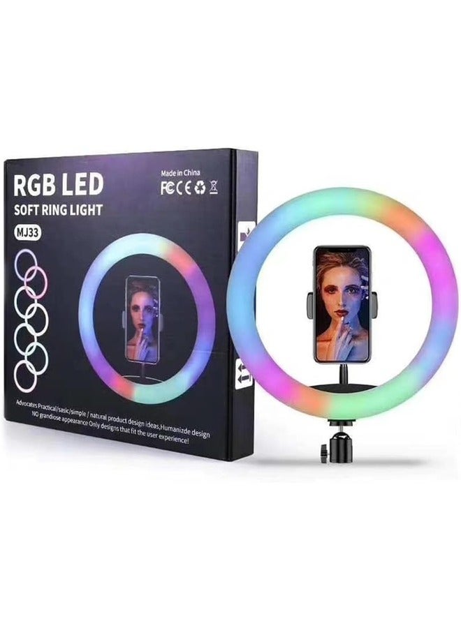 MJ33 RGB LED Ring Light with Adjustable Phone Holder & Stand – Perfect for Vlogging, Live Streaming, and Photography