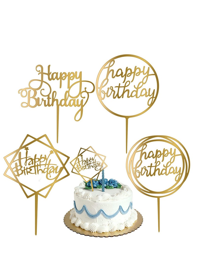 Happy Birthday Cake Toppers Gold Acrylic Cake Topper 4 Different Shapes for Birthdays Event Decorations Supplies Pack of 4