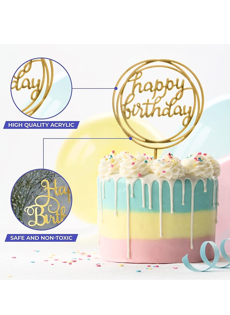 Happy Birthday Cake Toppers Gold Acrylic Cake Topper 4 Different Shapes for Birthdays Event Decorations Supplies Pack of 4