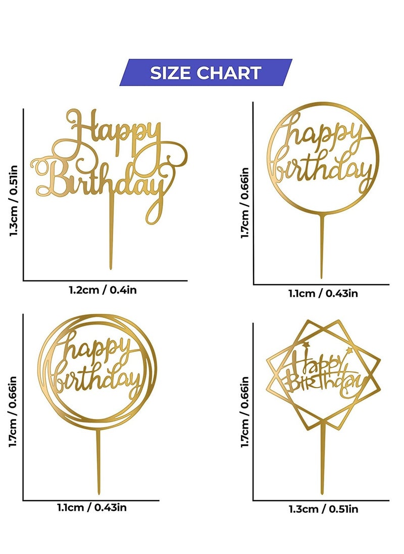 Happy Birthday Cake Toppers Gold Acrylic Cake Topper 4 Different Shapes for Birthdays Event Decorations Supplies Pack of 4