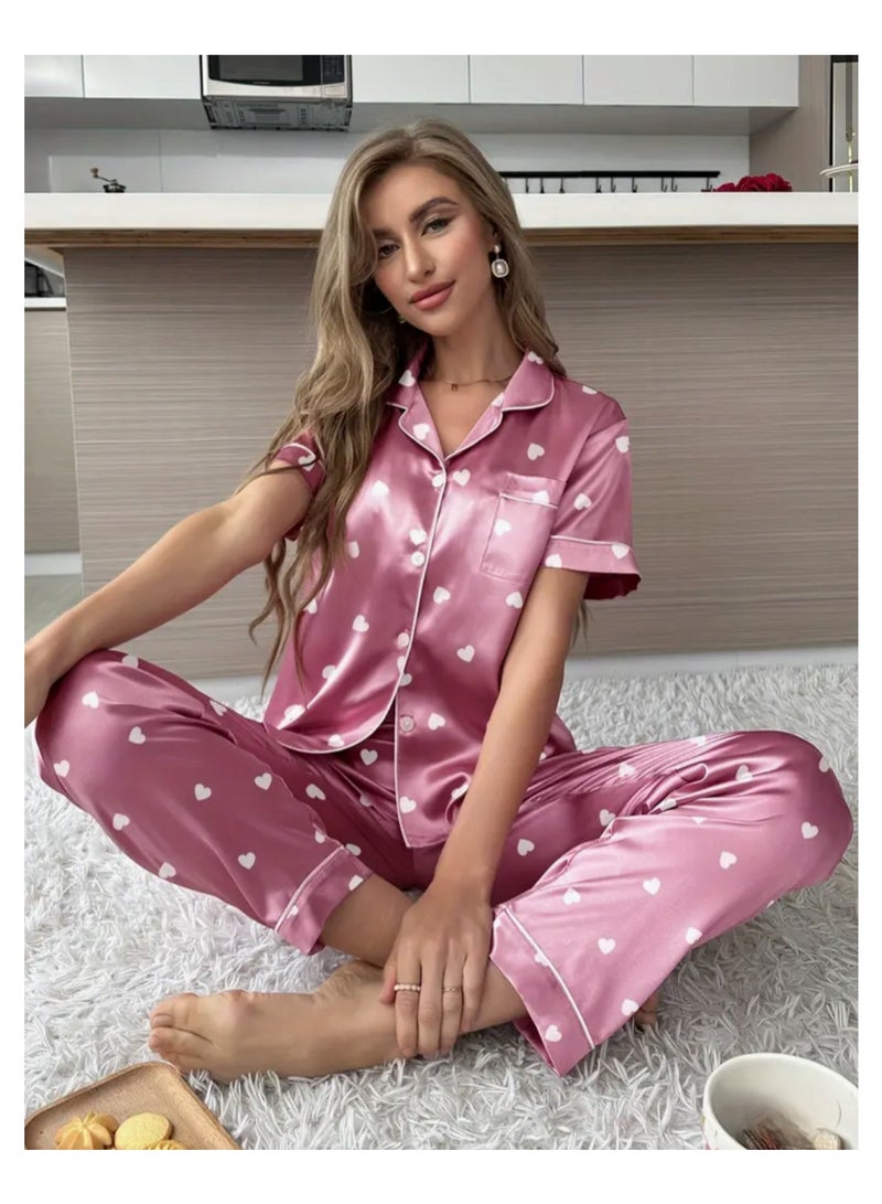 2 Pieces Women Heart Print Satin Pajama set Short Sleeve Sleepwear And Loungewear For Ladies