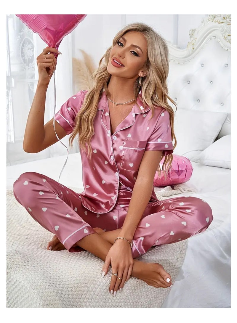 2 Pieces Women Heart Print Satin Pajama set Short Sleeve Sleepwear And Loungewear For Ladies