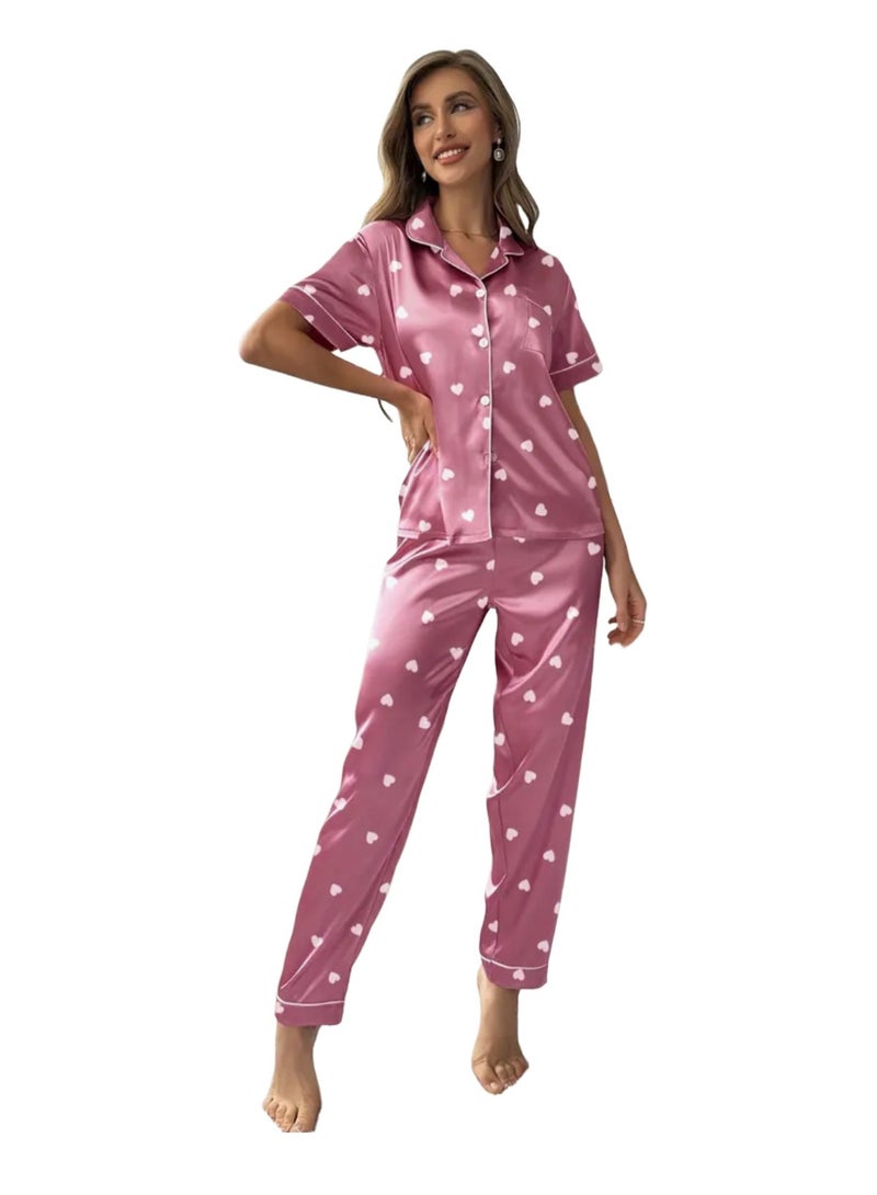 2 Pieces Women Heart Print Satin Pajama set Short Sleeve Sleepwear And Loungewear For Ladies