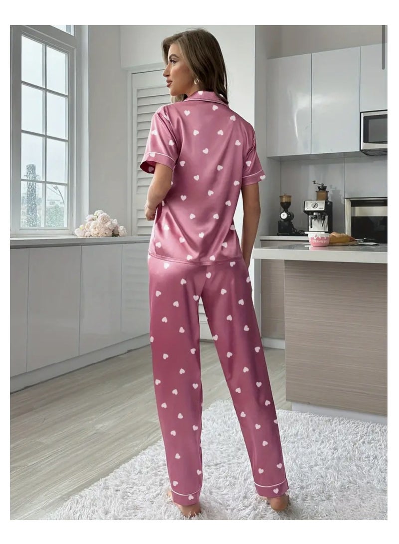 2 Pieces Women Heart Print Satin Pajama set Short Sleeve Sleepwear And Loungewear For Ladies