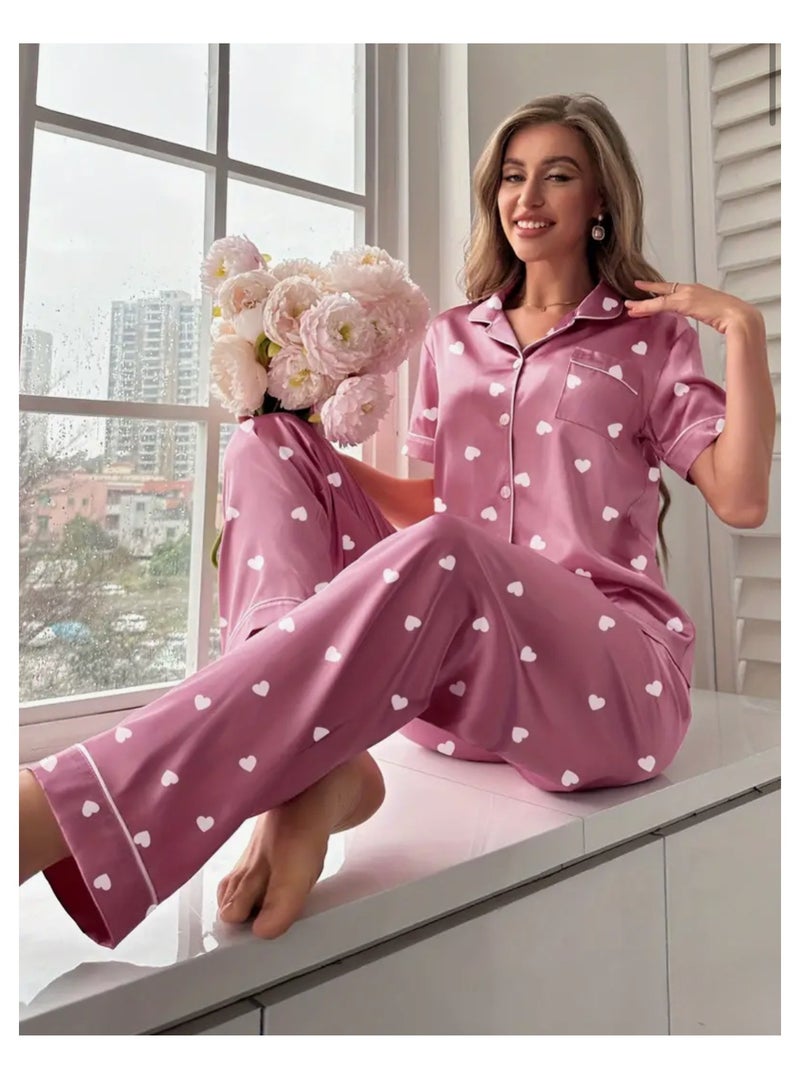 2 Pieces Women Heart Print Satin Pajama set Short Sleeve Sleepwear And Loungewear For Ladies