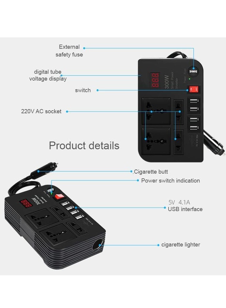 High-Power 300W Car Inverter: Seamlessly Converts 12V/24V DC to 220V AC, Featuring 4 USB Fast Charging Ports and Dual Universal Sockets