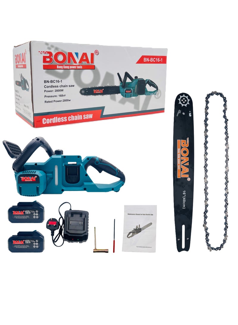 Bonai Cordless Chainsaw, 16-Inch (40cm) 2800W, 168V Battery-Powered Chain Saw, Lightweight, Powerful for Tree Pruning and Wood Cutting, BN-BC16-1