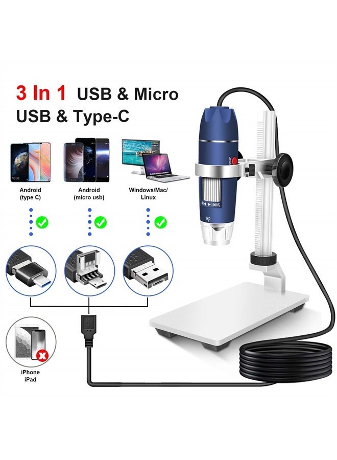 HD 2MP USB Digital Microscope 40-1000X Portable Magnification Endoscope Camera with 8 LEDs Aluminum Alloy Stable Stand for OTG Android Mac Windows 7 8 10 11 Linux Chrome