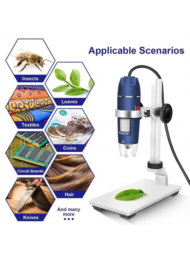 HD 2MP USB Digital Microscope 40-1000X Portable Magnification Endoscope Camera with 8 LEDs Aluminum Alloy Stable Stand for OTG Android Mac Windows 7 8 10 11 Linux Chrome
