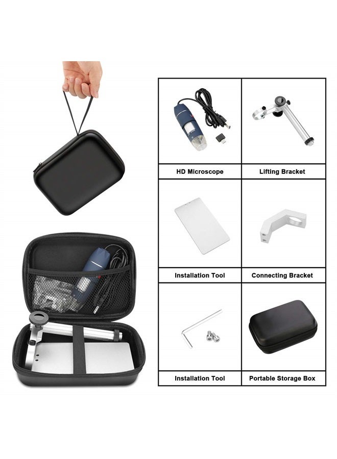 HD 2MP USB Digital Microscope 40-1000X Portable Magnification Endoscope Camera with 8 LEDs Aluminum Alloy Stable Stand for OTG Android Mac Windows 7 8 10 11 Linux Chrome