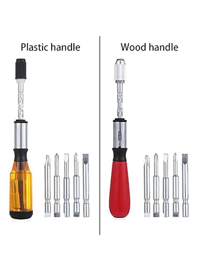 Screw Driver Kit Plastic Drill Bit Replaceable Heads Semi-automatic Hand Tools Ratcheting Socket 6 in 1(9,Red Yellow)