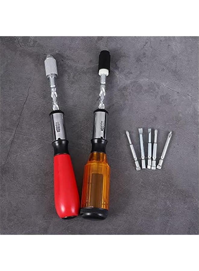 Screw Driver Kit Plastic Drill Bit Replaceable Heads Semi-automatic Hand Tools Ratcheting Socket 6 in 1(9,Red Yellow)