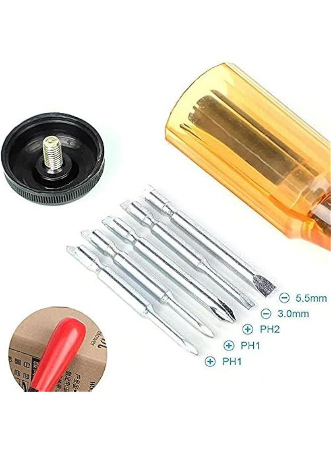 Screw Driver Kit Plastic Drill Bit Replaceable Heads Semi-automatic Hand Tools Ratcheting Socket 6 in 1(9,Red Yellow)