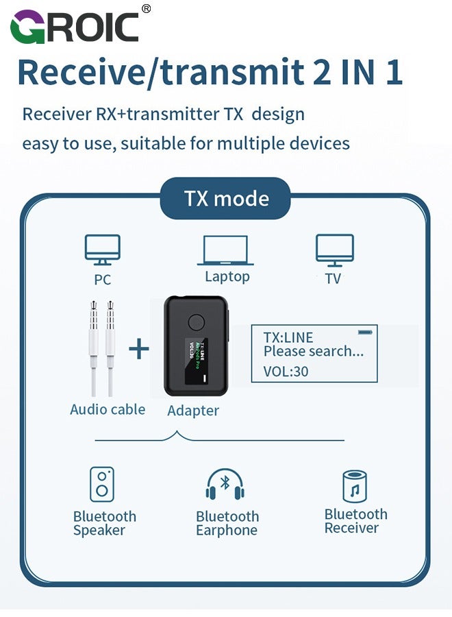 Bluetooth 5.0 Transmitter Receiver, 2 in 1 Wireless Bluetooth Transmitter Audio Adapter Bluetooth Receiver with OLED Screen APTX Low Latency for TV Laptop Headphones Stereo System