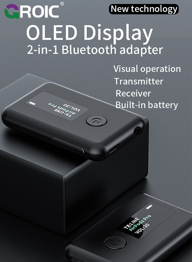 Bluetooth 5.0 Transmitter Receiver, 2 in 1 Wireless Bluetooth Transmitter Audio Adapter Bluetooth Receiver with OLED Screen APTX Low Latency for TV Laptop Headphones Stereo System