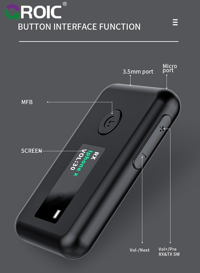 Bluetooth 5.0 Transmitter Receiver, 2 in 1 Wireless Bluetooth Transmitter Audio Adapter Bluetooth Receiver with OLED Screen APTX Low Latency for TV Laptop Headphones Stereo System